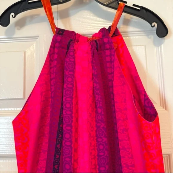 Vintage 1960s Handmade Maxi Dress Neon Pink Hot Tie Closure Stripes Hawaiin OS - Picture 3 of 9